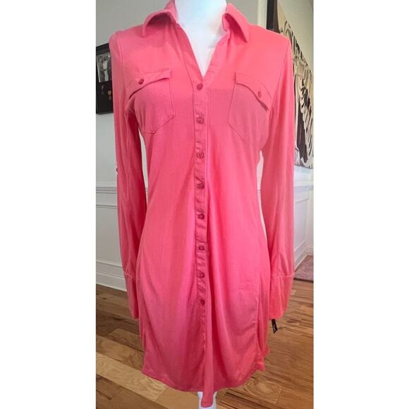 ULTRA FLIRT SALMON PINK LONG SLEEVE BUTTON UP SHIRT DRESS NWT WOMENS LARGE - Picture 1 of 9